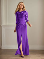 Vestido para madre de la novia de crepé elástico con encaje color ciruela