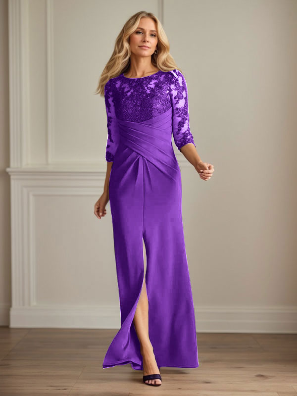 Vestido para madre de la novia de crepé elástico con encaje color ciruela