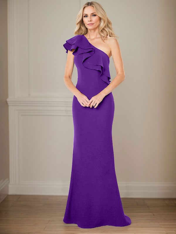 A-Linie One-Shoulder-Bodenlanges Chiffon-Kleid für die Brautmutter mit Rüschen 