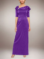 Vestido largo de columna brillante con puños doblados, escote en L y mangas hasta el codo