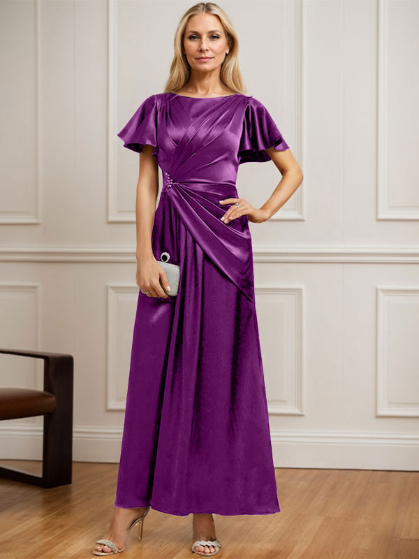 A-Linie, U-Ausschnitt, knöchellanges Kleid aus Stretch-Satin für die Brautmutter mit plissierter Perlenbesatz 