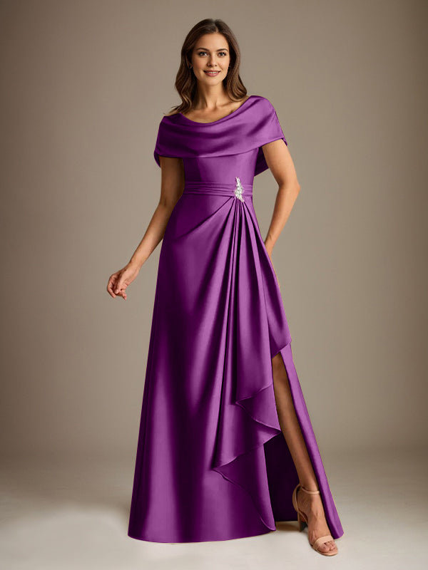 Vestido de madre de la novia de satén elástico, corte A, largo hasta el suelo, con escote redondo y volantes en cascada