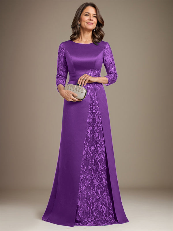 Vestido de madre de la novia de satén con encaje, corte A, largo hasta el suelo y apliques