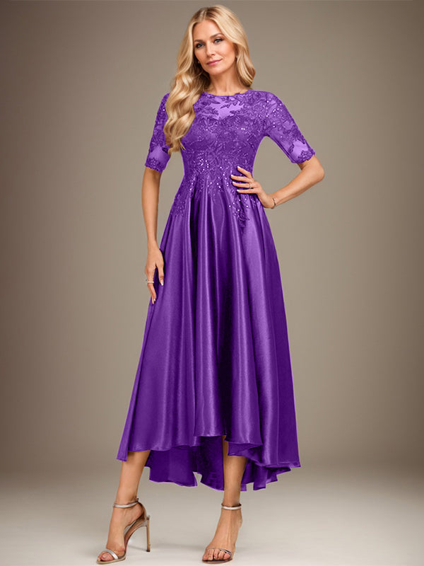 Vestido de madre de la novia de encaje satinado elástico asimétrico con ilusión de escote redondo y lentejuelas