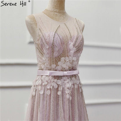 En oferta. Sin devoluciones ni reembolsos. Oferta. Vestido de noche morado de ensueño, cuello redondo, sin mangas, sexy, con flores hechas a mano y diamantes, corte A, vestido formal 2025 LA6122. 