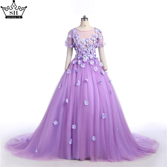 Sale Purple Flowers Beading Short Sleeves Tulle Wedding Dresses O-Neck Photography Bride Gown 2025 HA2025