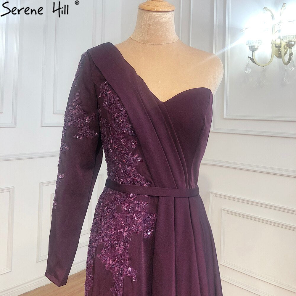 Vestido de noche morado sexy de satén con un solo hombro, corte sirena, con cuentas, LA70318 
