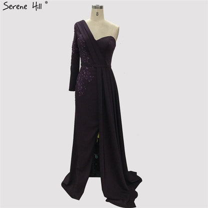 Vestido de noche morado sexy de satén con un solo hombro, corte sirena, con cuentas, LA70318 