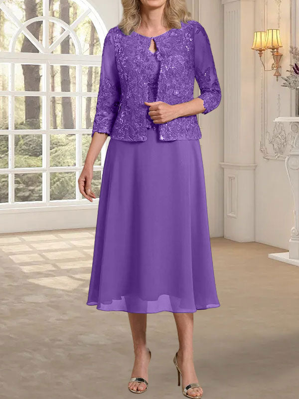 Vestido de gasa con encaje y lentejuelas para madre de la novia, corte A, escote redondo y largo hasta la rodilla