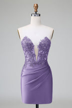 Vestido de fiesta corto, plisado, sin tirantes, ajustado, verde oscuro y elegante con cuentas
