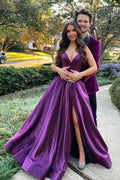 Lila Satin A-Linie Rückenfreies Langes Ballkleid mit Schlitz PSK521