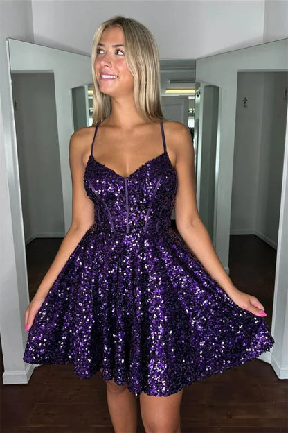 Robe de soirée courte à bretelles spaghetti violette SYH95 