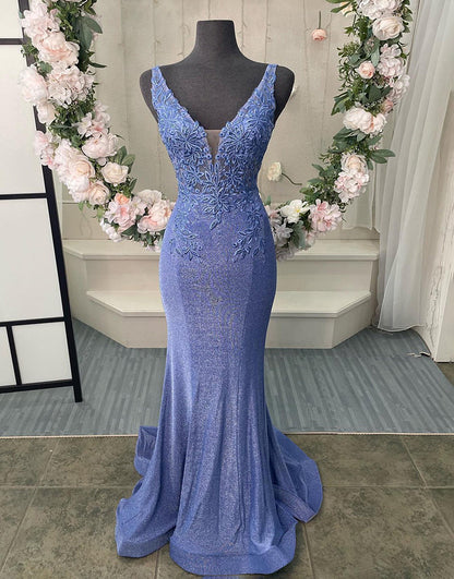 V-Neck Corset Back Long Prom Dress With Appliques