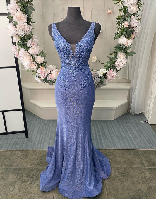 V-Neck Corset Back Long Prom Dress With Appliques