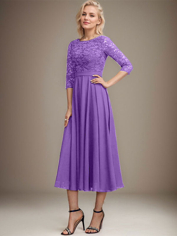Vestido de gasa con encaje y lentejuelas para madre de la novia, corte A, escote redondo y largo hasta la rodilla