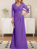 Vestido de madre de la novia de gasa con encaje, escote en V, ilusión, largo hasta el suelo, con lentejuelas plisadas