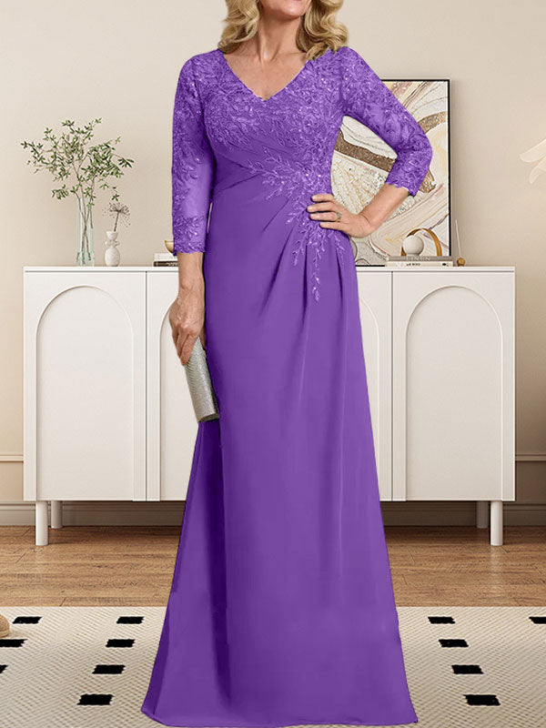 Vestido de madre de la novia de gasa con encaje, escote en V, ilusión, largo hasta el suelo, con lentejuelas plisadas