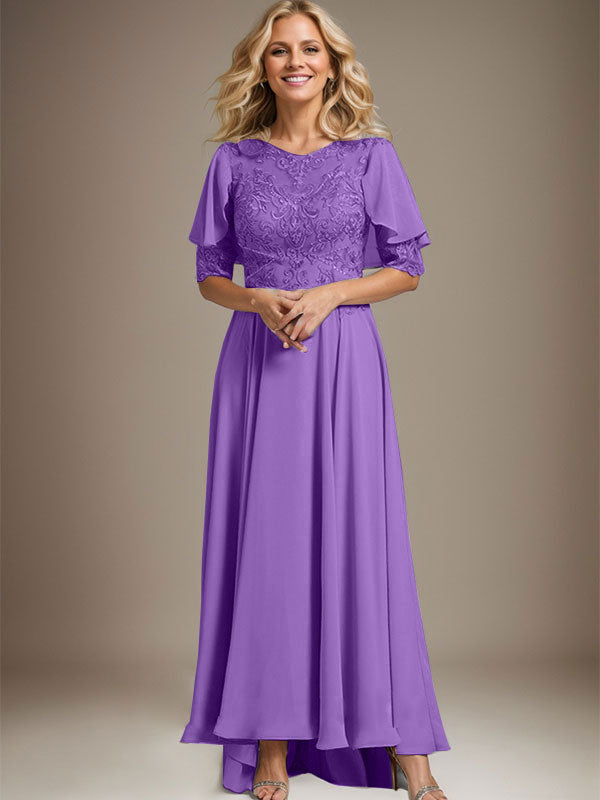 Vestido de madre de la novia de gasa asimétrica con encaje, ilusión, corte A y escote redondo con cuentas