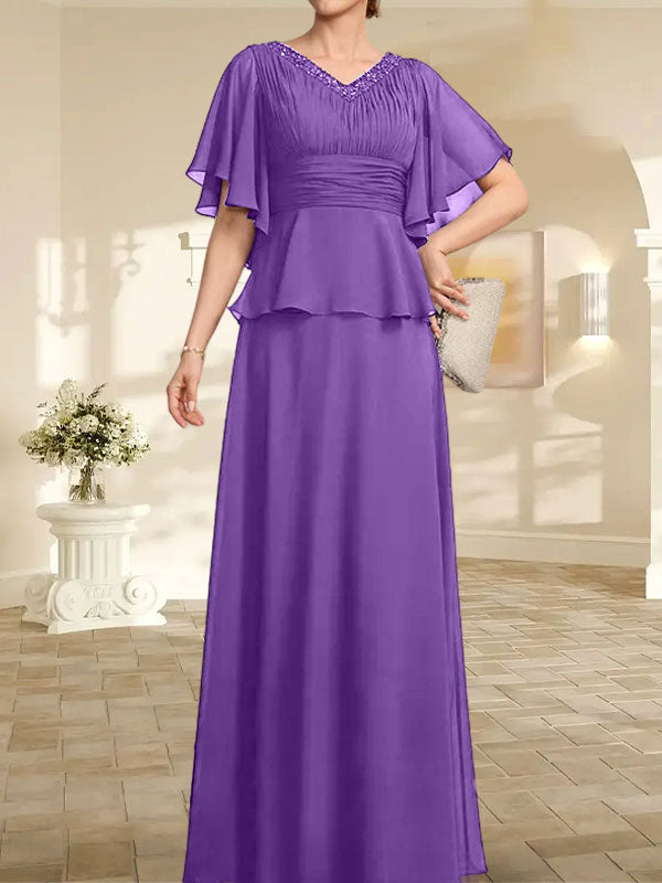 A-Linien-Kleid aus Chiffon mit V-Ausschnitt und bodenlangem Schnitt für die Brautmutter mit plissierten Perlen
