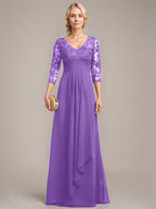 A-Linie V-Ausschnitt Bodenlanges Spitzen-Chiffon-Kleid für die Brautmutter mit kaskadierenden Rüschen und Pailletten 