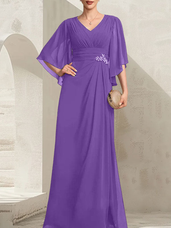 Etui-Linie/Säule V-Ausschnitt Bodenlang Chiffon Kleid für die Brautmutter mit Plissee Pailletten Perlenbesatz