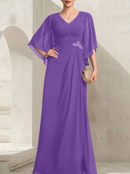 Etui-Linie/Säule V-Ausschnitt Bodenlang Chiffon Kleid für die Brautmutter mit Plissee Pailletten Perlenbesatz