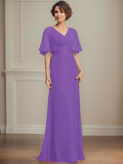 A-Linie V-Ausschnitt Bodenlanges Chiffonkleid für die Brautmutter mit plissierten Paillettenapplikationen Spitze