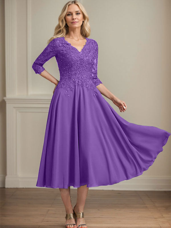 A-Linie V-Ausschnitt Wadenlanges Chiffon-Spitzenkleid für die Brautmutter mit Perlen und Pailletten 