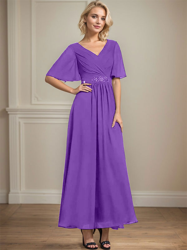 Vestido de gasa para madre de la novia con escote en V, largo hasta los tobillos, corte A y lentejuelas plisadas con cuentas