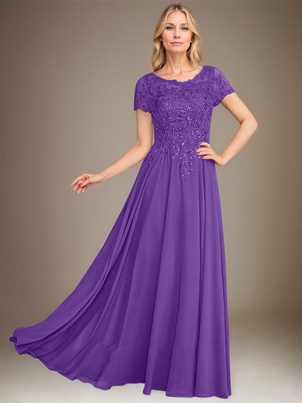 Vestido de gasa para madre de la novia, corte A, largo hasta el suelo, con apliques y lentejuelas