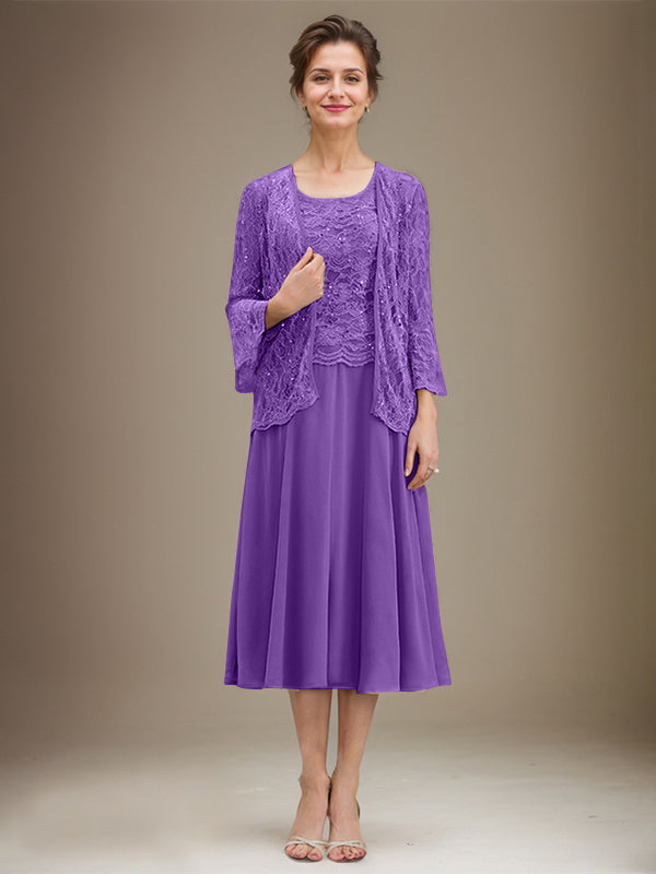 Vestido de gasa con encaje y lentejuelas para madre de la novia, corte A, escote redondo y largo hasta la rodilla