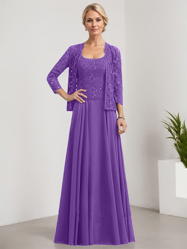 Vestido de madre de la novia de gasa con encaje, corte A, largo hasta el suelo, cuadrado y lentejuelas
