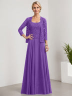 Vestido de madre de la novia de gasa con encaje, corte A, largo hasta el suelo, cuadrado y lentejuelas