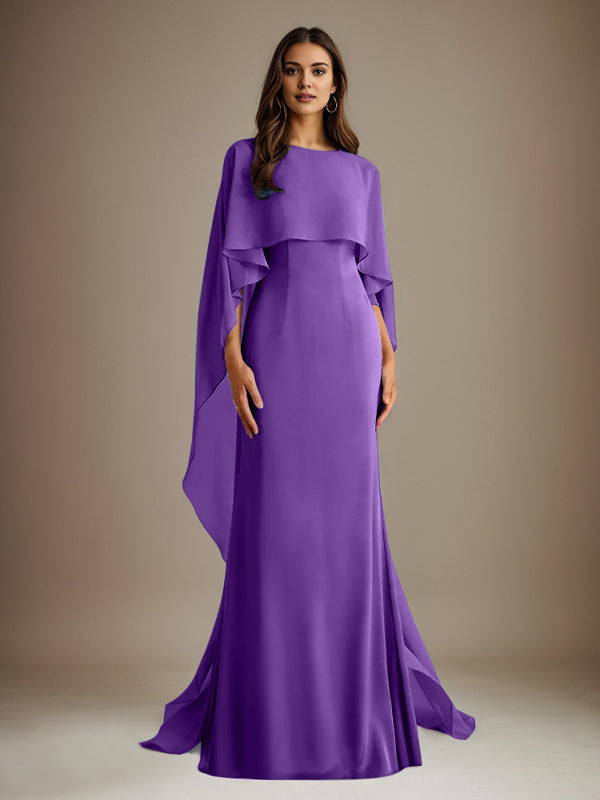 Vestido de gasa para madre de la novia, largo hasta el suelo, con escote barco y corte tubo/columna y volantes en cascada