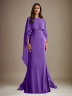 Vestido de gasa para madre de la novia, largo hasta el suelo, con escote barco y corte tubo/columna y volantes en cascada