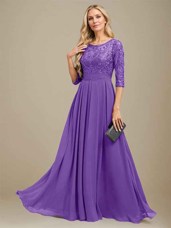 Vestido de madre de la novia de gasa con encaje, corte A, largo hasta el suelo y apliques de lentejuelas