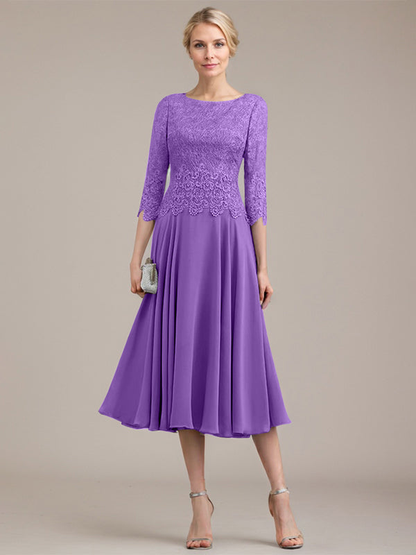 Vestido de gasa con encaje y escote redondo hasta la rodilla para madre de la novia