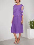 Vestido de gasa con encaje y bordado para madre de la novia, corte A, escote redondo y largo hasta la rodilla