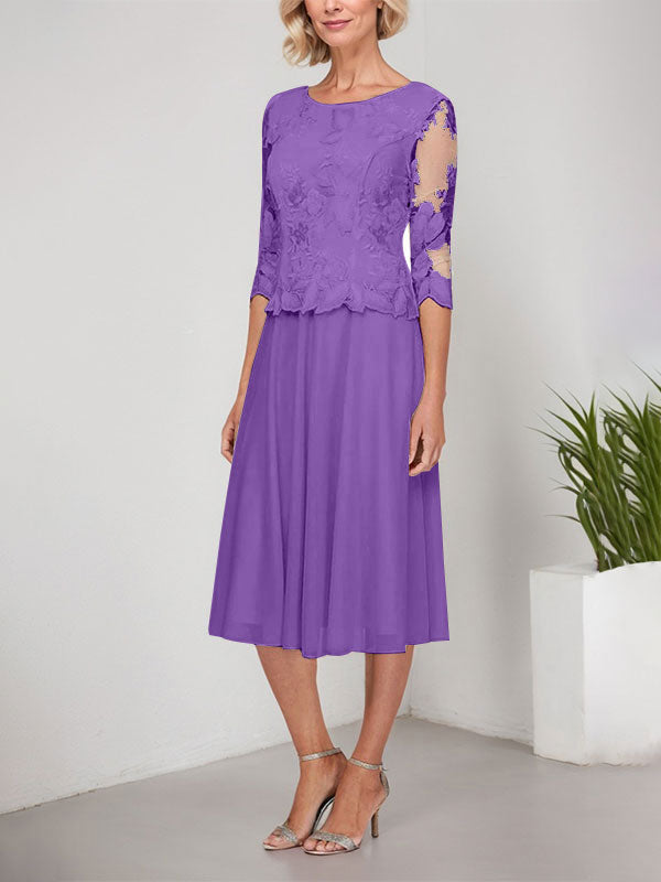 Vestido de gasa con encaje y bordado para madre de la novia, corte A, escote redondo y largo hasta la rodilla