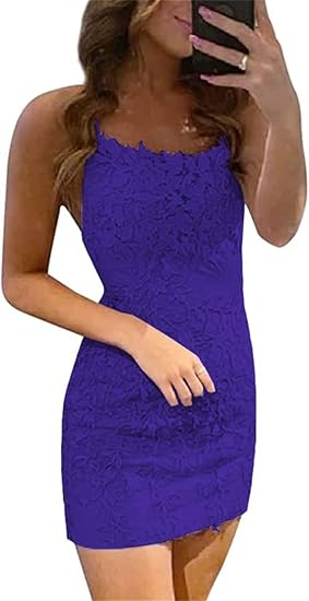 Vestidos de fiesta sin mangas con tirantes finos y encaje azul de columna corta 