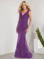 Vestido de novia de gasa con encaje, escote en V y largo hasta el suelo, con apliques de lentejuelas, estilo sirena