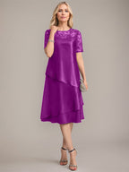Vestido de madre de la novia con corte en A, escote redondo y largo hasta la rodilla, con apliques y lentejuelas