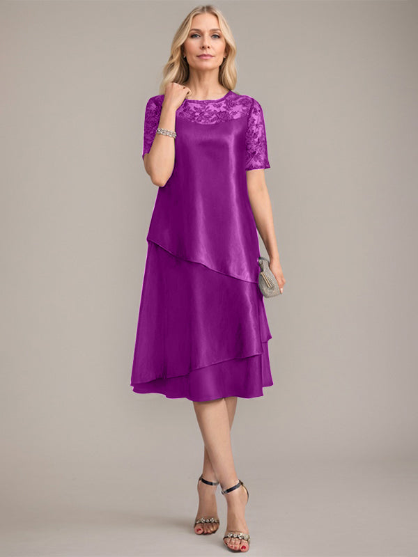 Vestido de madre de la novia con corte en A, escote redondo y largo hasta la rodilla, con apliques y lentejuelas