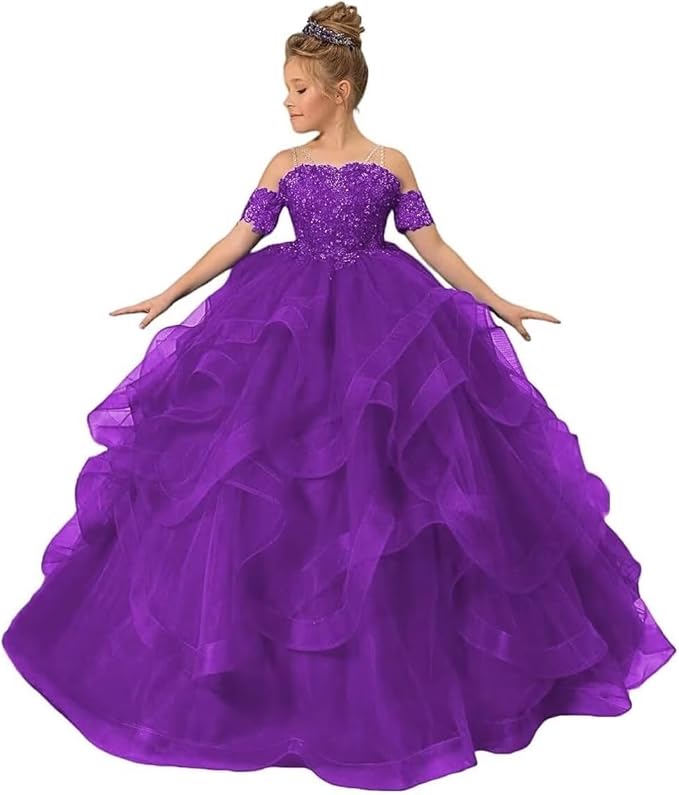 Schulterfreies Blumenmädchenkleid für Hochzeit mit Perlenbesetzten Prinzessinnen-Festzugskleidern 