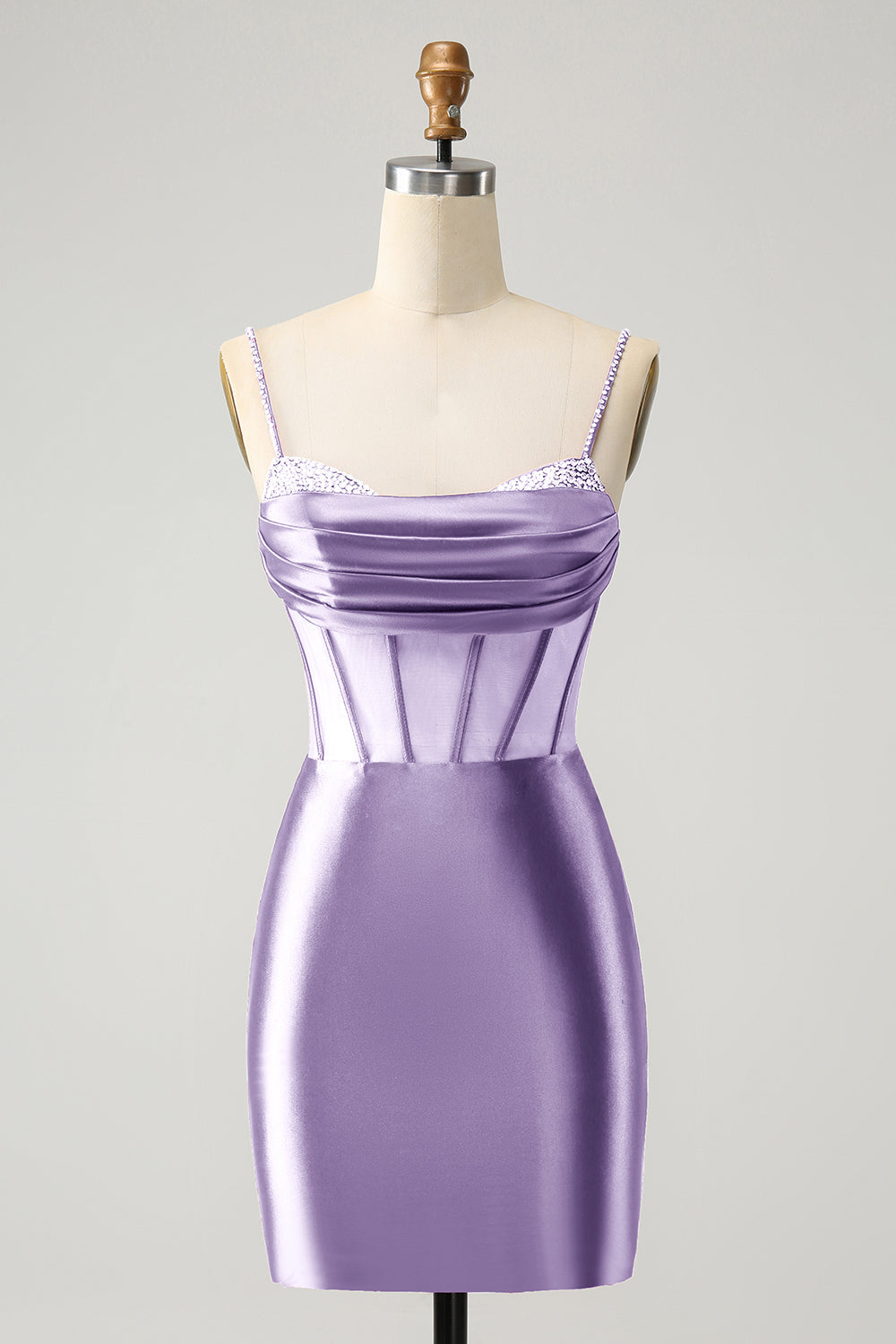 Vestido corto elegante de fiesta con corsé plisado y ajustado en color fucsia con cuentas