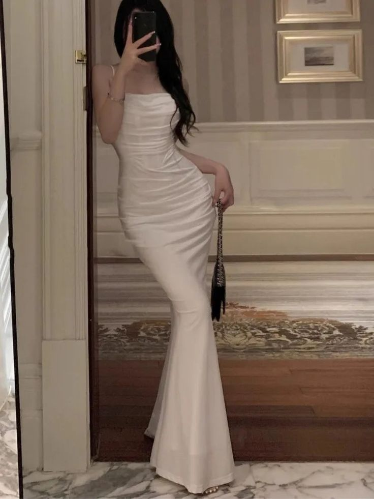 Sexy Spaghettiträger Weißes Meerjungfrau Abendkleid Langes Ballkleid Y7787
