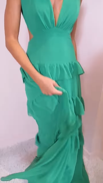Smaragdgrünes Abendkleid mit tiefem V-Ausschnitt und Rüschen, rückenfrei, langes Ballkleid Y8386