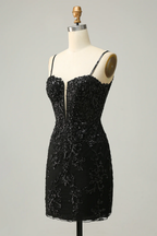 Sequins Spaghetti Straps Black Short Homecoming Dress Y3072