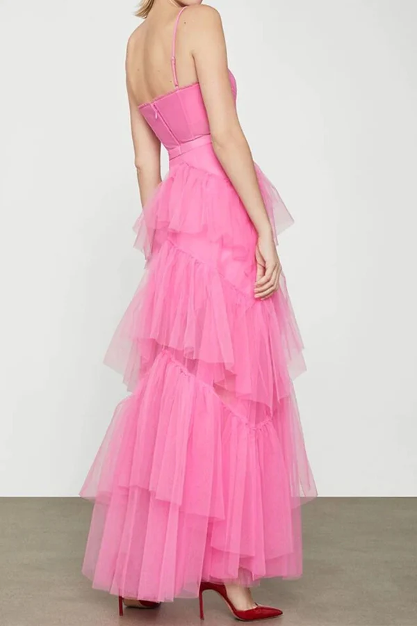 Elegante vestido de fiesta largo de tul en capas rosa intenso con corte en A Y1594