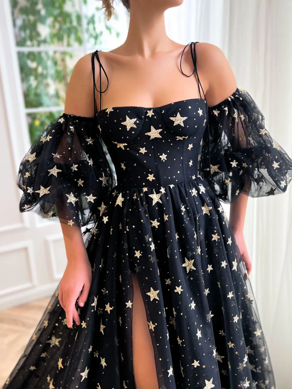 A-Linie Tüll Schwarzes Langes Ballkleid, Schwarzes Tüll Abendkleid Y248